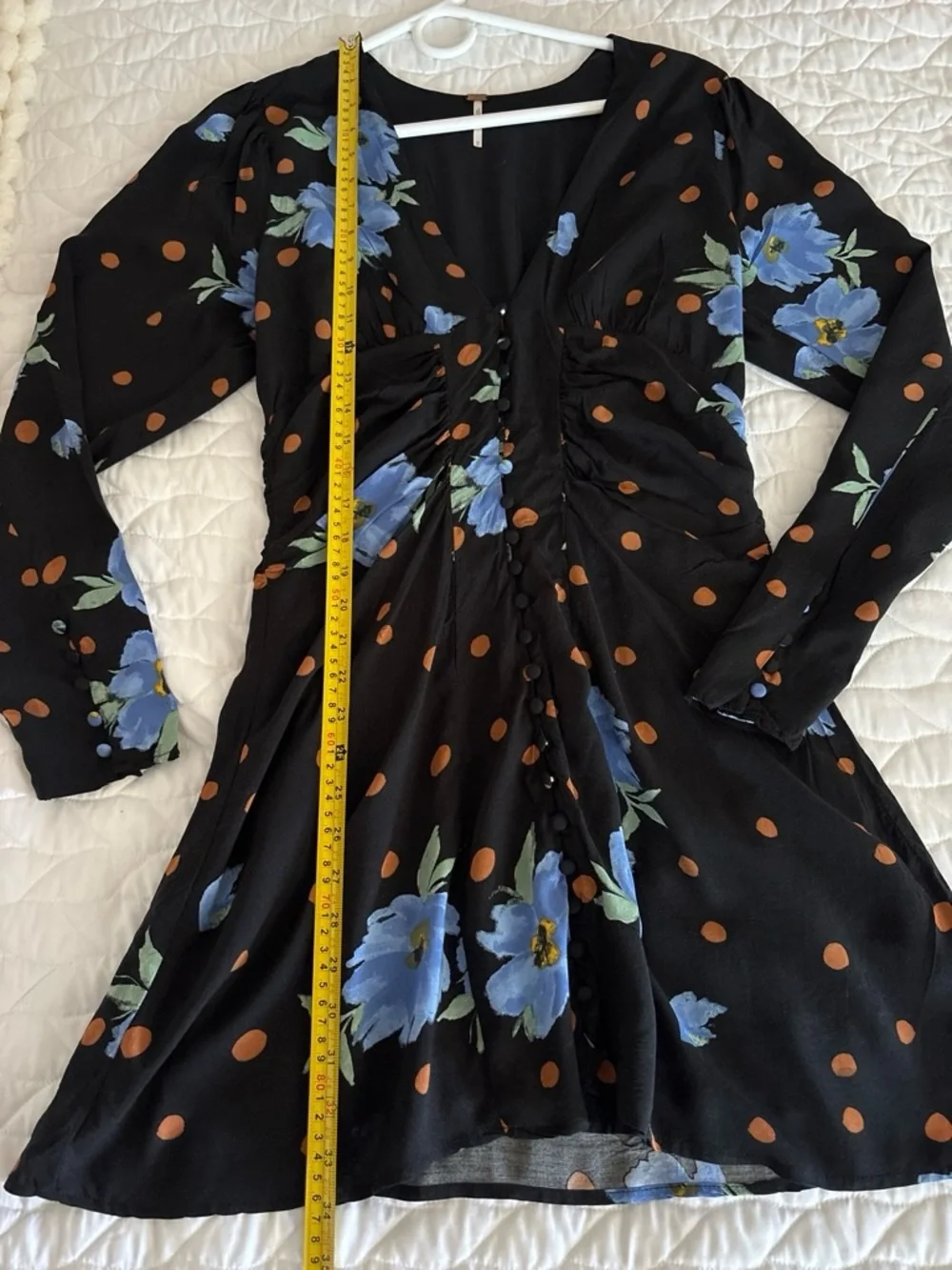 🪴Free People Black/Blue Floral Chiffon V-Neck Puff Sleeve Ruched Mini Dress M